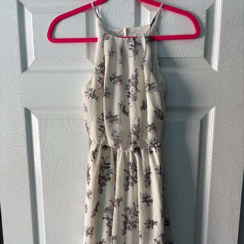 Francesca's Blue Rain Cream Floral Sleeveless Halter Dress